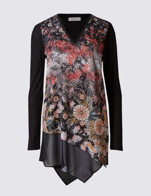 Floral Print V-Neck Long Sleeve Jersey Top